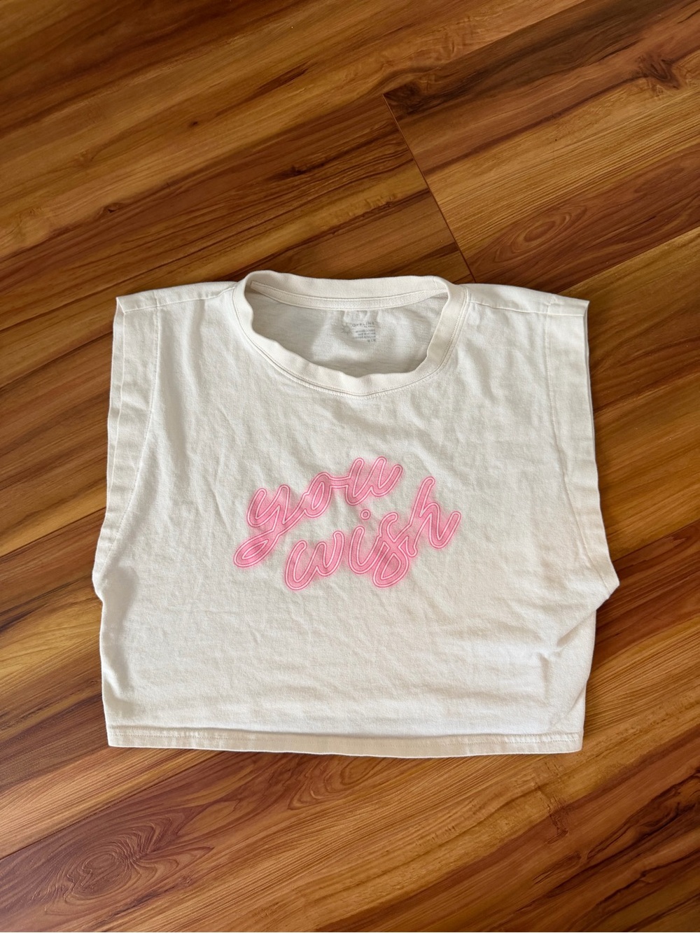 White Aerie Crop Tank Top with Pink "You Wish" Graphic